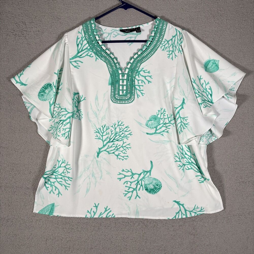 Susan Graver Artisan Tunic Top Women’s Size‎ L White Teal Coral Coastal Seashell